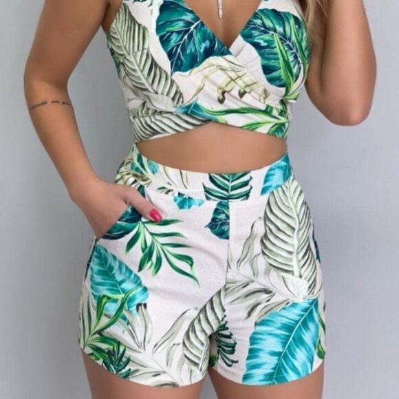 White Tropical Leaf Print Wrap Summer Playsuit - Picture 3 of 8